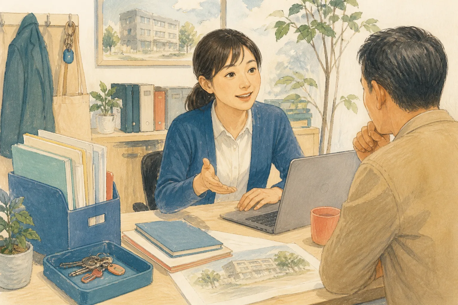 事務作業を整理し、オーナーとの対話に時間を使う賃貸管理担当者の手描きイラスト