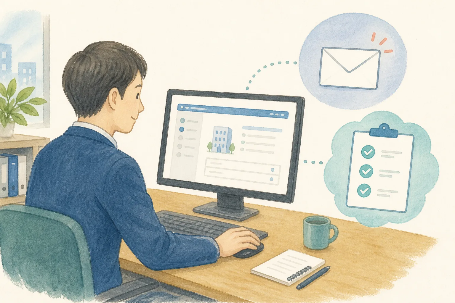 オンラインで利用開始の準備を進める担当者のイラスト